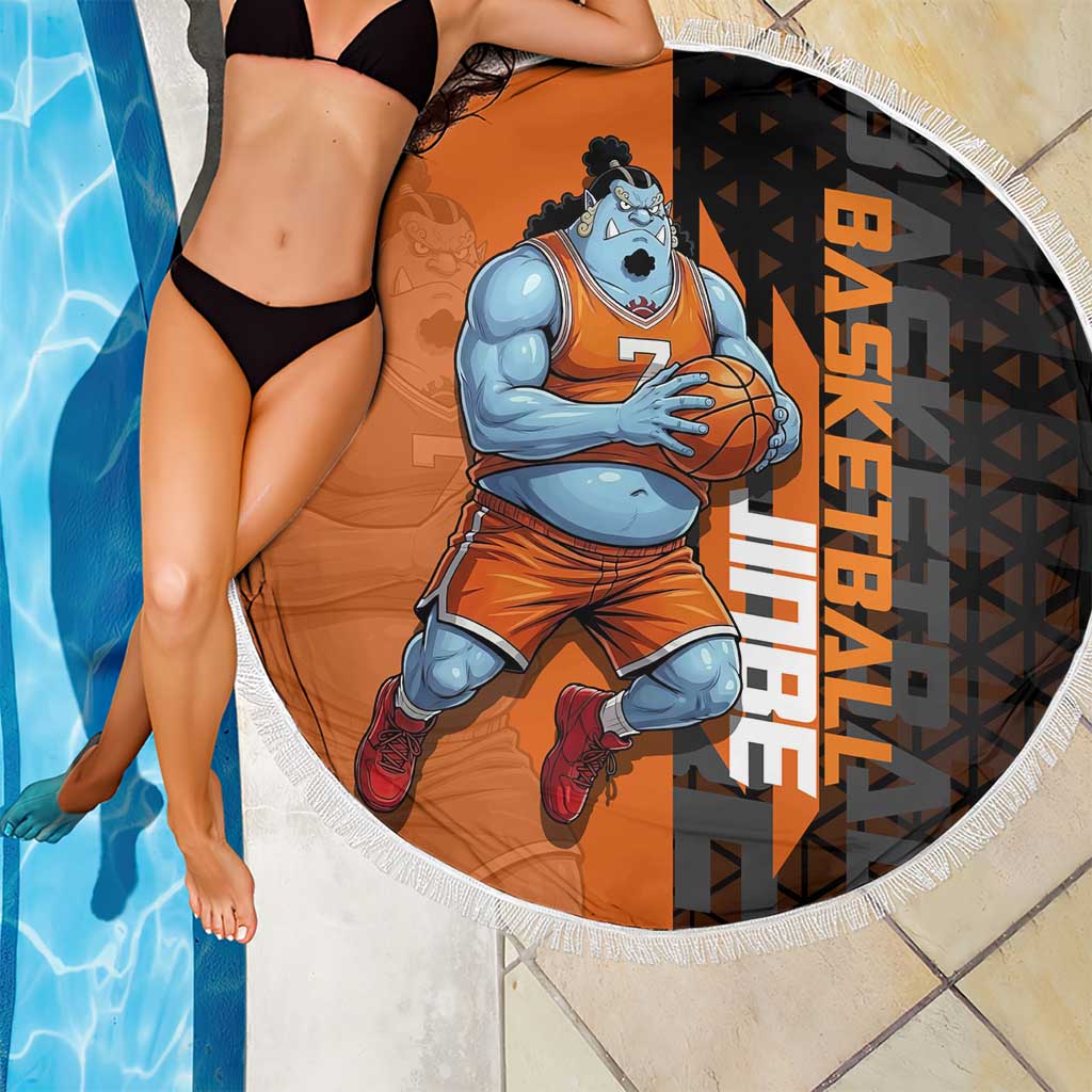 Jinbe One Piece Basketball Theme Orange and Black Design Beach Blanket with Powerful Pose and Sun Pirates Emblem - The Mazicc