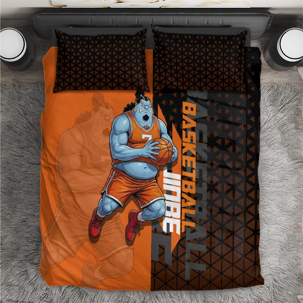 Jinbe One Piece Basketball Theme Orange and Black Design Bedding Set with Powerful Pose and Sun Pirates Emblem - The Mazicc