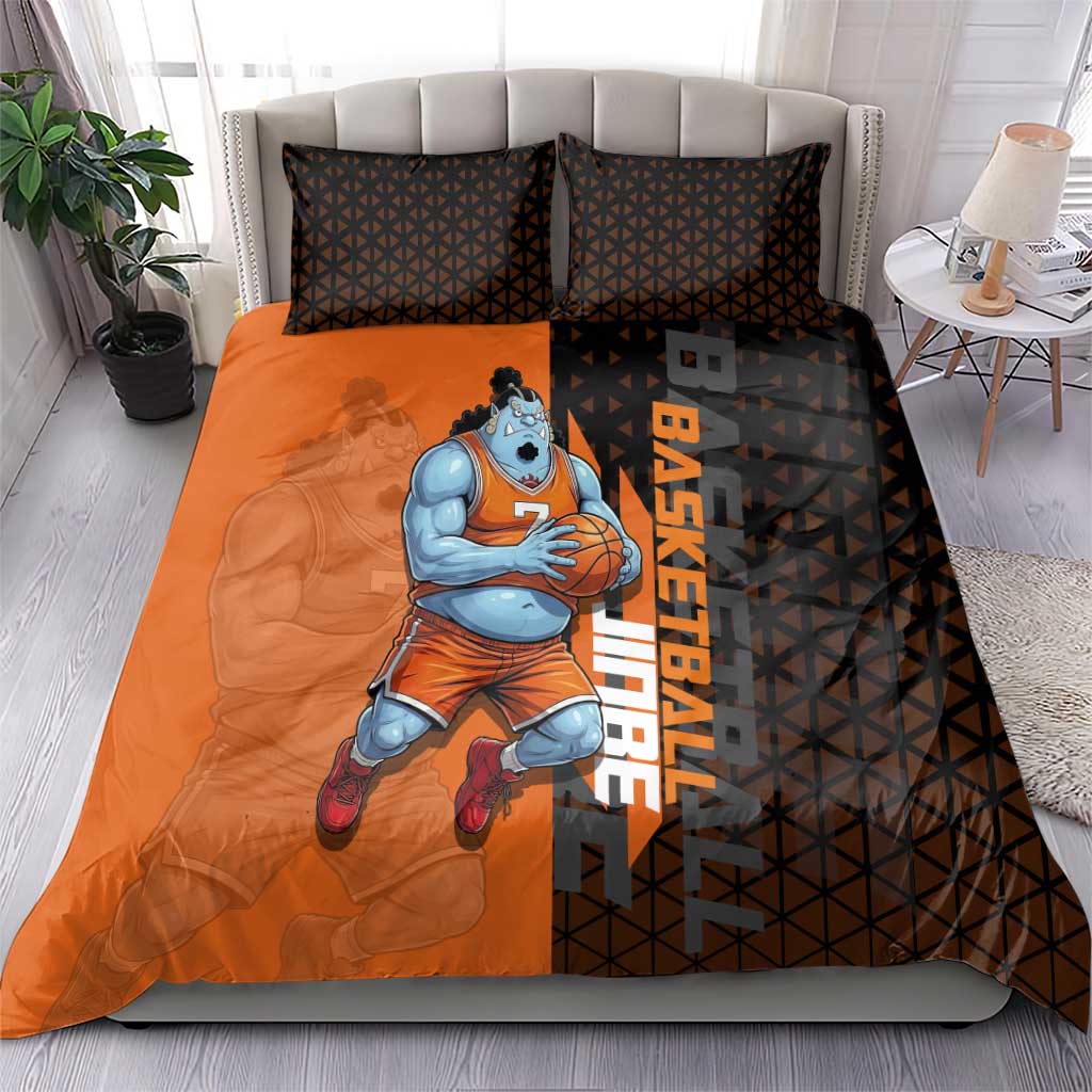 Jinbe One Piece Basketball Theme Orange and Black Design Bedding Set with Powerful Pose and Sun Pirates Emblem - The Mazicc
