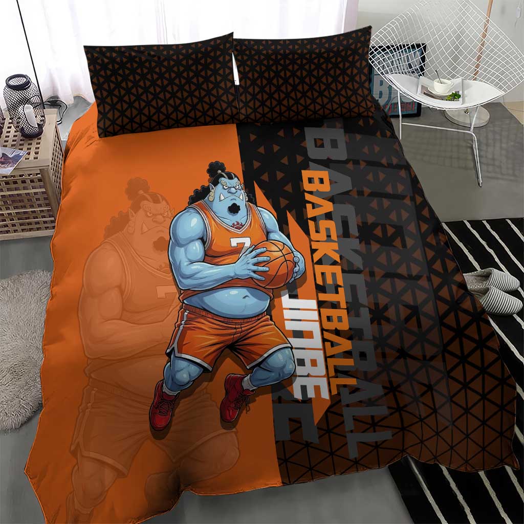 Jinbe One Piece Basketball Theme Orange and Black Design Bedding Set with Powerful Pose and Sun Pirates Emblem - The Mazicc