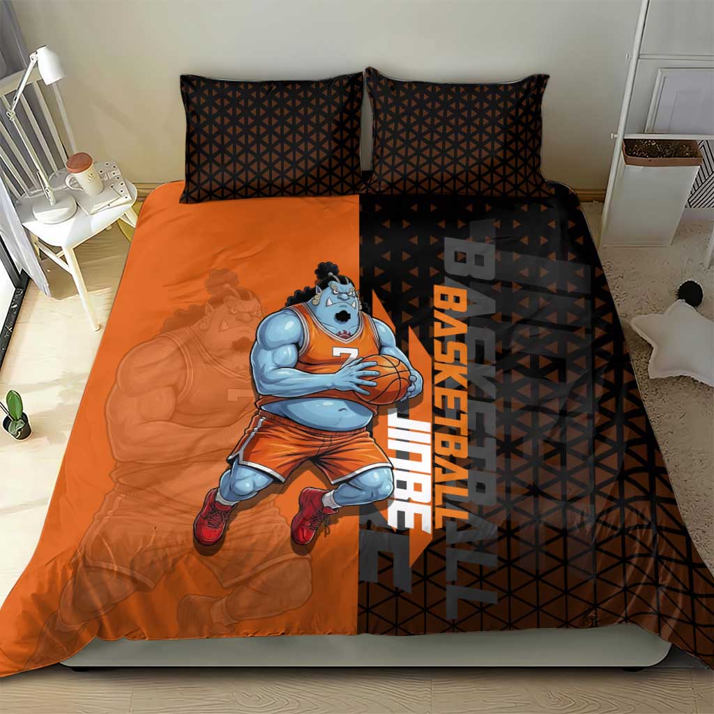 Jinbe One Piece Basketball Theme Orange and Black Design Bedding Set with Powerful Pose and Sun Pirates Emblem - The Mazicc