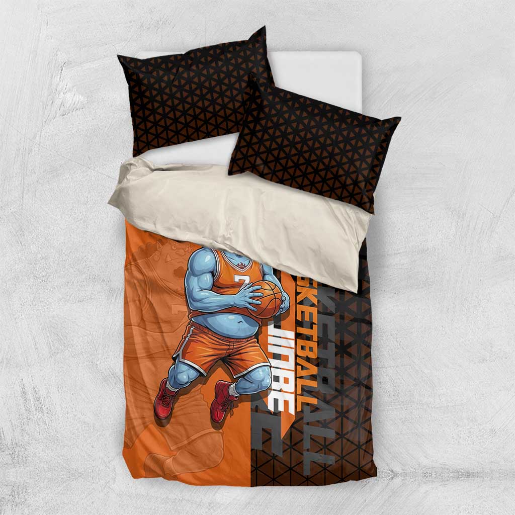 Jinbe One Piece Basketball Theme Orange and Black Design Bedding Set with Powerful Pose and Sun Pirates Emblem - The Mazicc