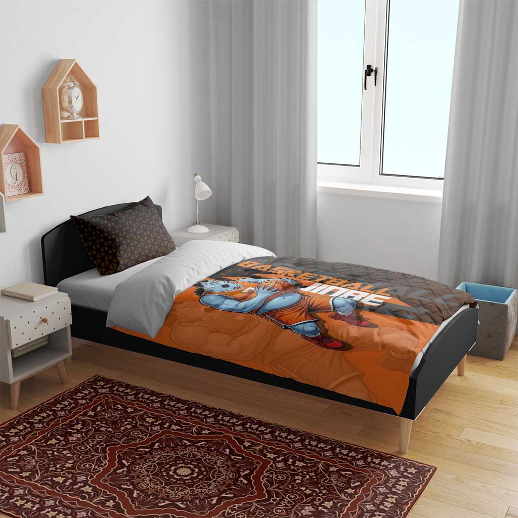 Jinbe One Piece Basketball Theme Orange and Black Design Bedding Set with Powerful Pose and Sun Pirates Emblem - The Mazicc