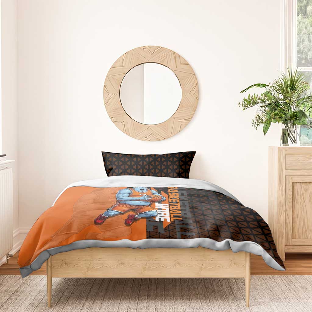 Jinbe One Piece Basketball Theme Orange and Black Design Bedding Set with Powerful Pose and Sun Pirates Emblem - The Mazicc