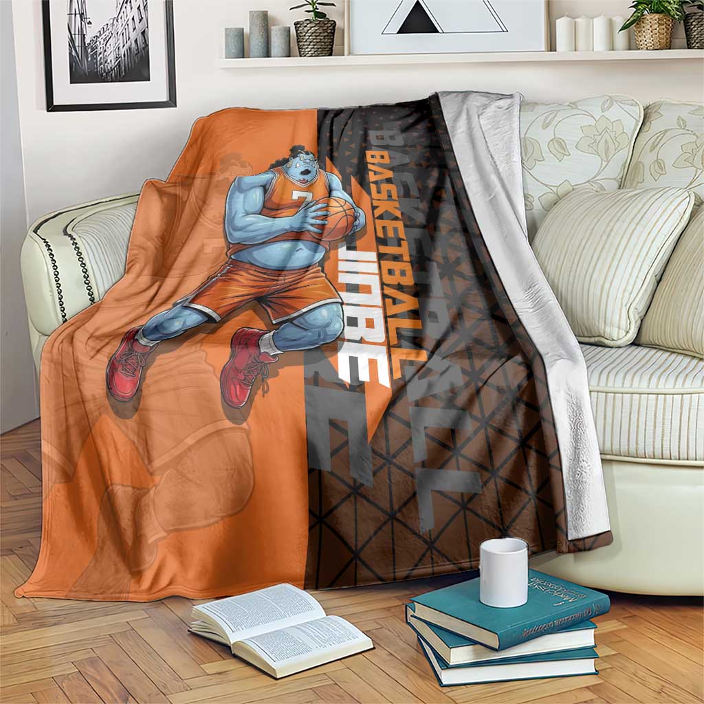 Jinbe One Piece Basketball Theme Orange and Black Design Blanket with Powerful Pose and Sun Pirates Emblem - The Mazicc