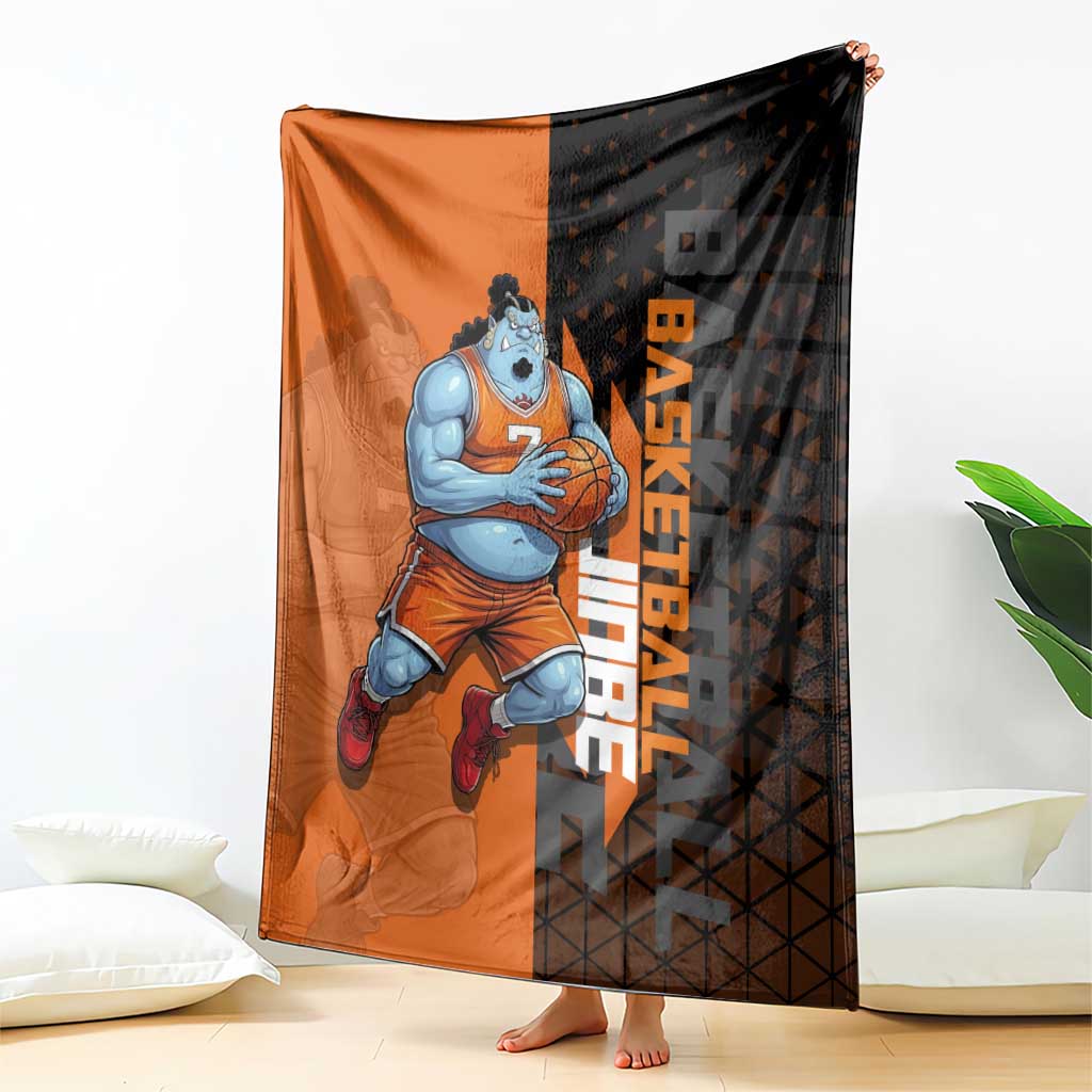 Jinbe One Piece Basketball Theme Orange and Black Design Blanket with Powerful Pose and Sun Pirates Emblem - The Mazicc