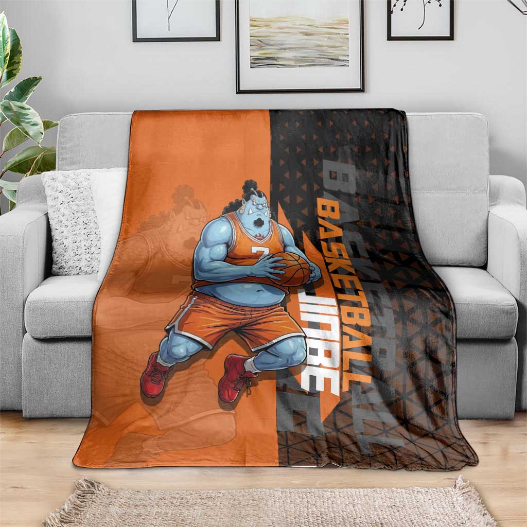 Jinbe One Piece Basketball Theme Orange and Black Design Blanket with Powerful Pose and Sun Pirates Emblem - The Mazicc
