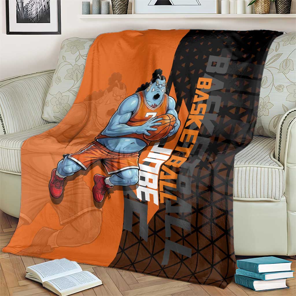 Jinbe One Piece Basketball Theme Orange and Black Design Blanket with Powerful Pose and Sun Pirates Emblem - The Mazicc