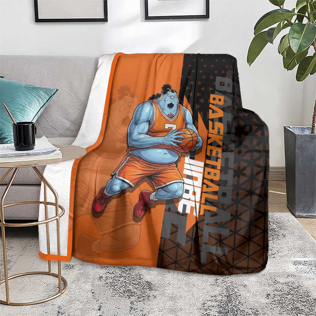 Jinbe One Piece Basketball Theme Orange and Black Design Blanket with Powerful Pose and Sun Pirates Emblem - The Mazicc