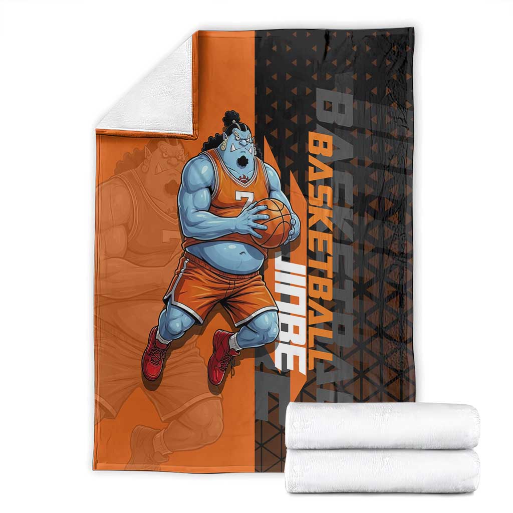 Jinbe One Piece Basketball Theme Orange and Black Design Blanket with Powerful Pose and Sun Pirates Emblem - The Mazicc