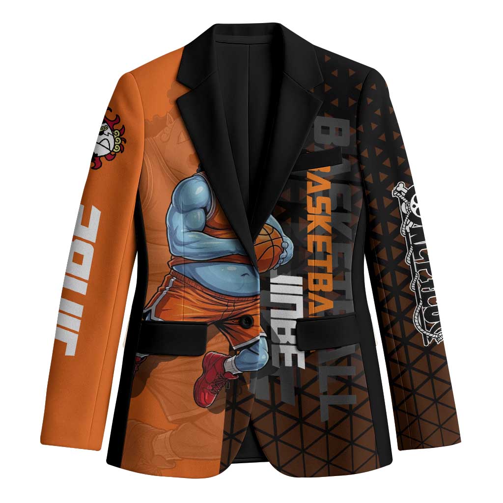Jinbe One Piece Basketball Theme Orange and Black Design Blazer with Powerful Pose and Sun Pirates Emblem - The Mazicc