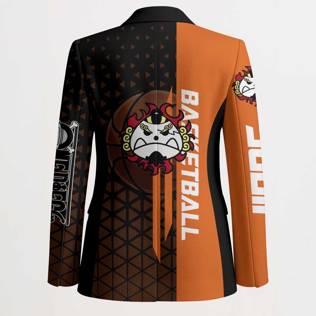 Jinbe One Piece Basketball Theme Orange and Black Design Blazer with Powerful Pose and Sun Pirates Emblem - The Mazicc