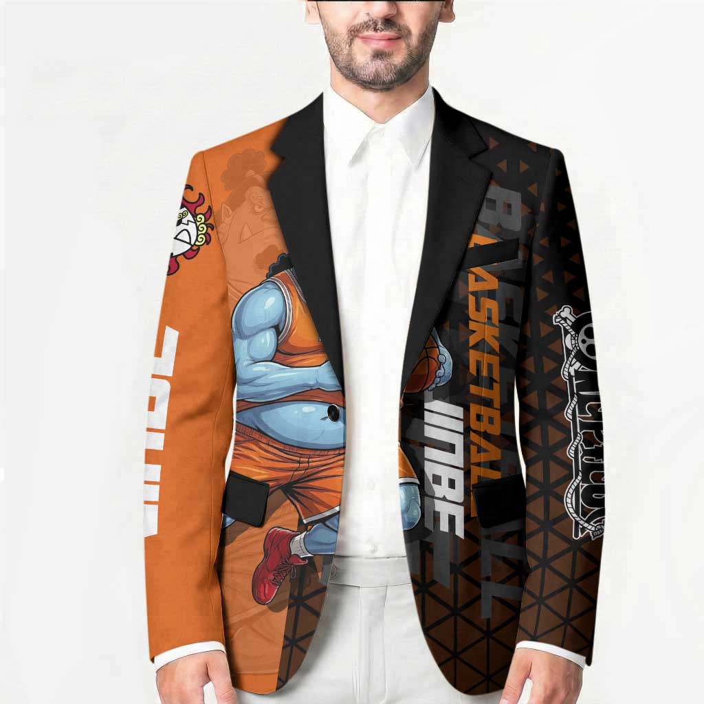 Jinbe One Piece Basketball Theme Orange and Black Design Blazer with Powerful Pose and Sun Pirates Emblem - The Mazicc