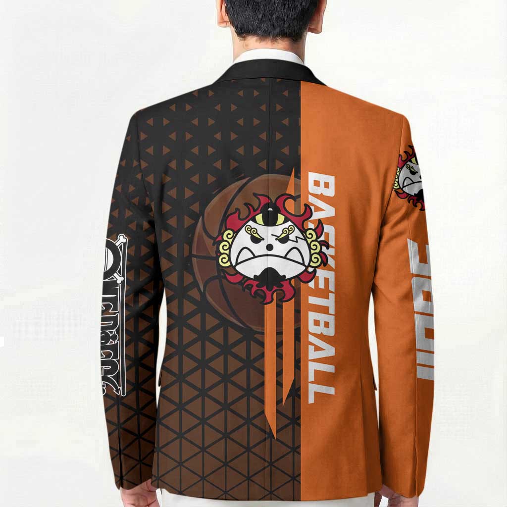 Jinbe One Piece Basketball Theme Orange and Black Design Blazer with Powerful Pose and Sun Pirates Emblem - The Mazicc