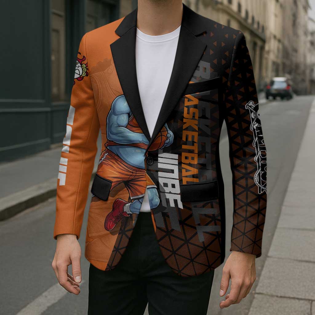 Jinbe One Piece Basketball Theme Orange and Black Design Blazer with Powerful Pose and Sun Pirates Emblem - The Mazicc