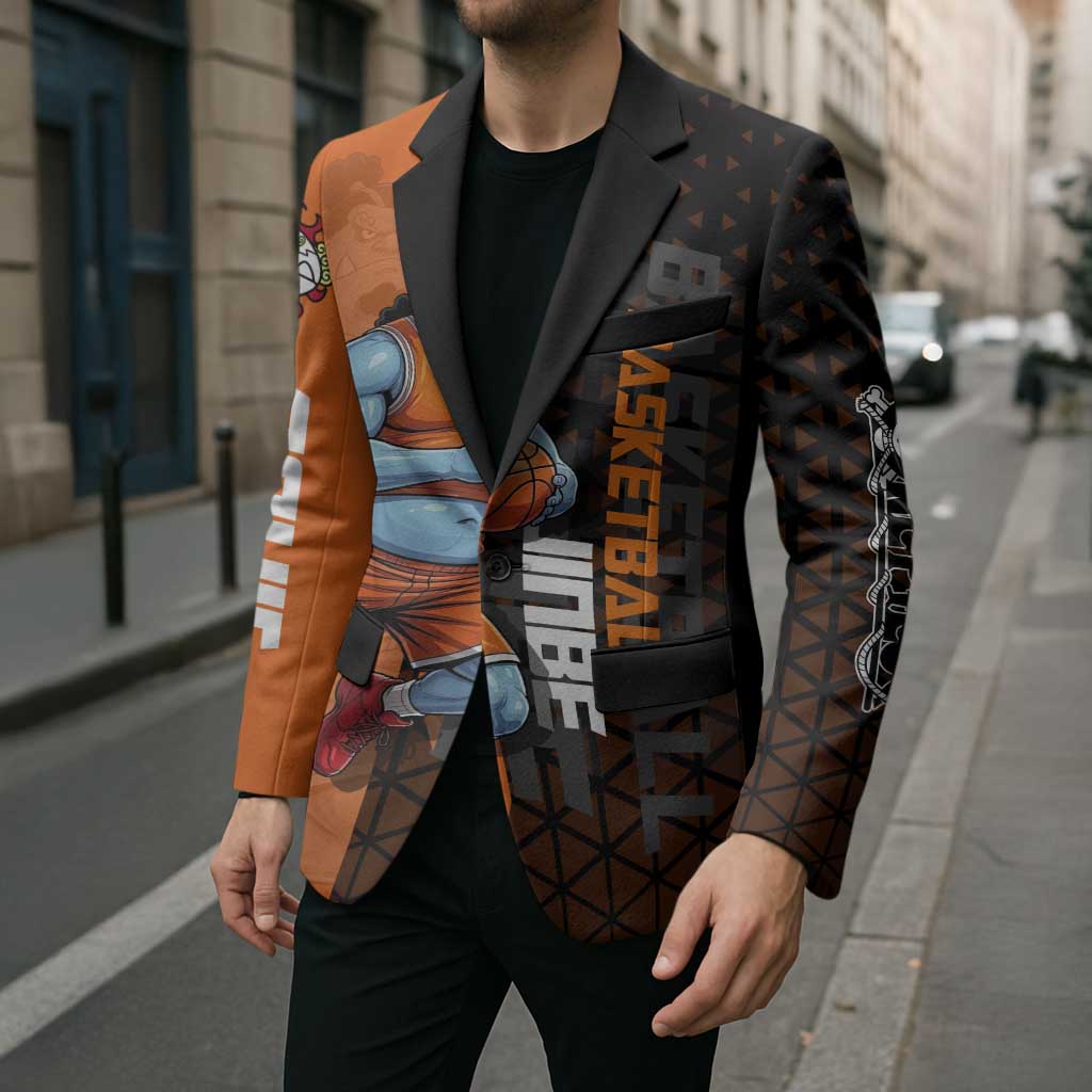 Jinbe One Piece Basketball Theme Orange and Black Design Blazer with Powerful Pose and Sun Pirates Emblem - The Mazicc
