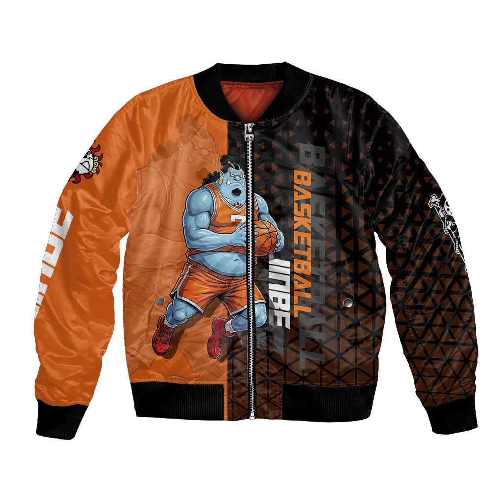 Jinbe One Piece Basketball Theme Orange and Black Design Bomber Jacket with Powerful Pose and Sun Pirates Emblem - The Mazicc