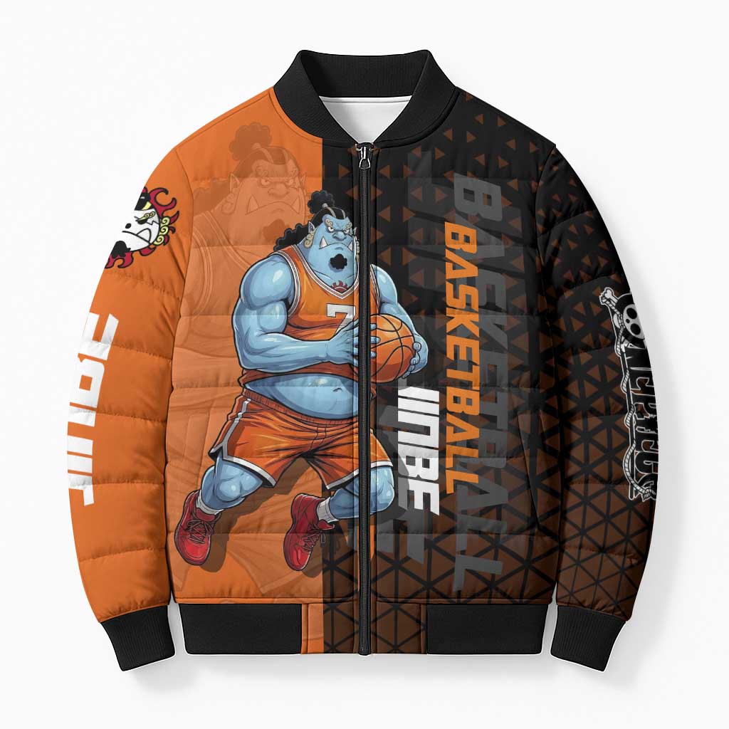 Jinbe One Piece Basketball Theme Orange and Black Design Bomber Puffer Jacket with Powerful Pose and Sun Pirates Emblem - The Mazicc