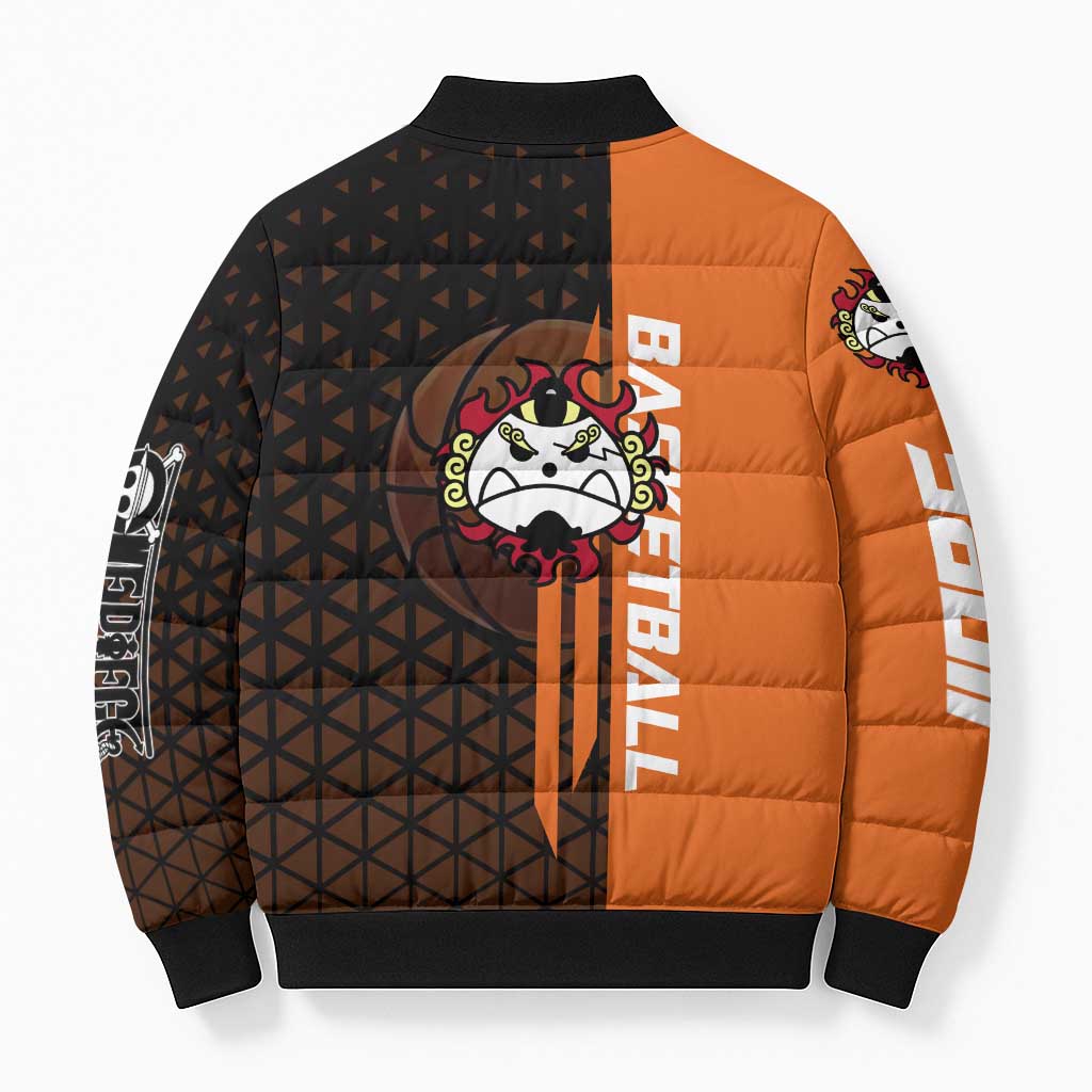 Jinbe One Piece Basketball Theme Orange and Black Design Bomber Puffer Jacket with Powerful Pose and Sun Pirates Emblem - The Mazicc