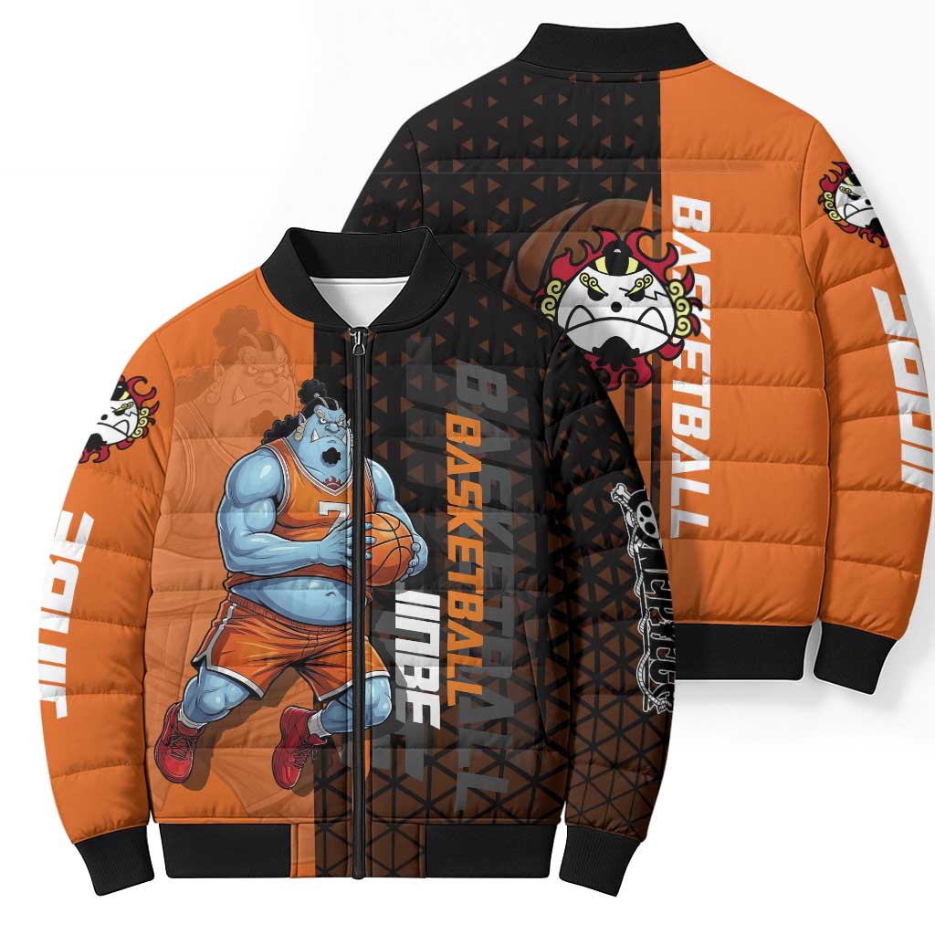 Jinbe One Piece Basketball Theme Orange and Black Design Bomber Puffer Jacket with Powerful Pose and Sun Pirates Emblem - The Mazicc