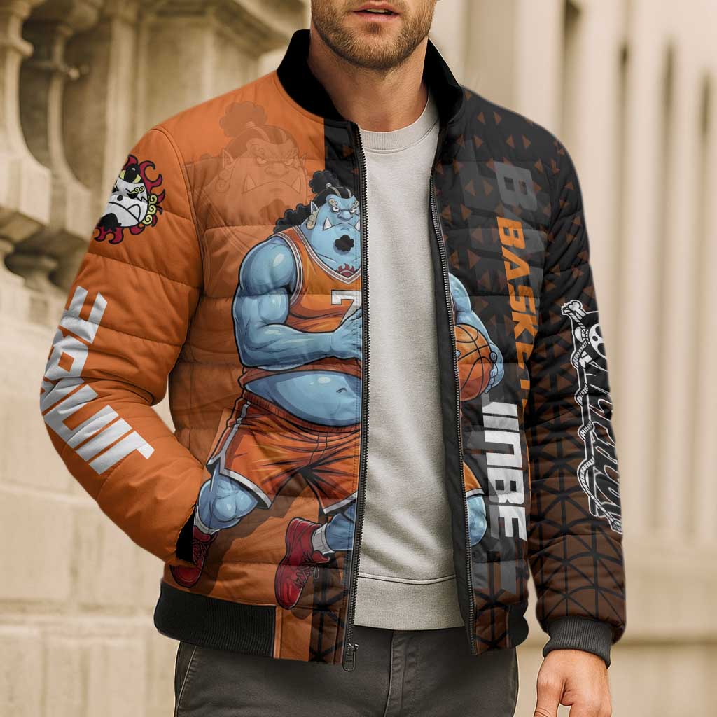Jinbe One Piece Basketball Theme Orange and Black Design Bomber Puffer Jacket with Powerful Pose and Sun Pirates Emblem - The Mazicc