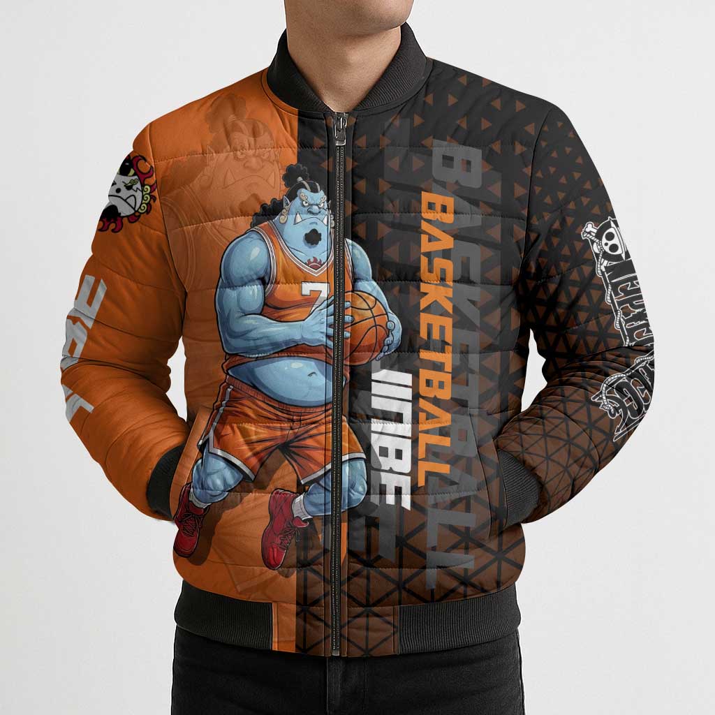 Jinbe One Piece Basketball Theme Orange and Black Design Bomber Puffer Jacket with Powerful Pose and Sun Pirates Emblem - The Mazicc