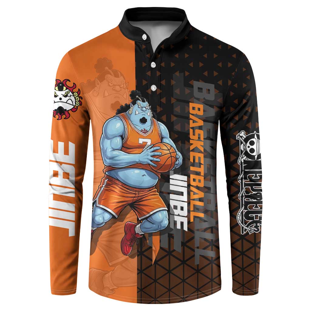Jinbe One Piece Basketball Theme Orange and Black Design Button Sweatshirt with Powerful Pose and Sun Pirates Emblem - The Mazicc