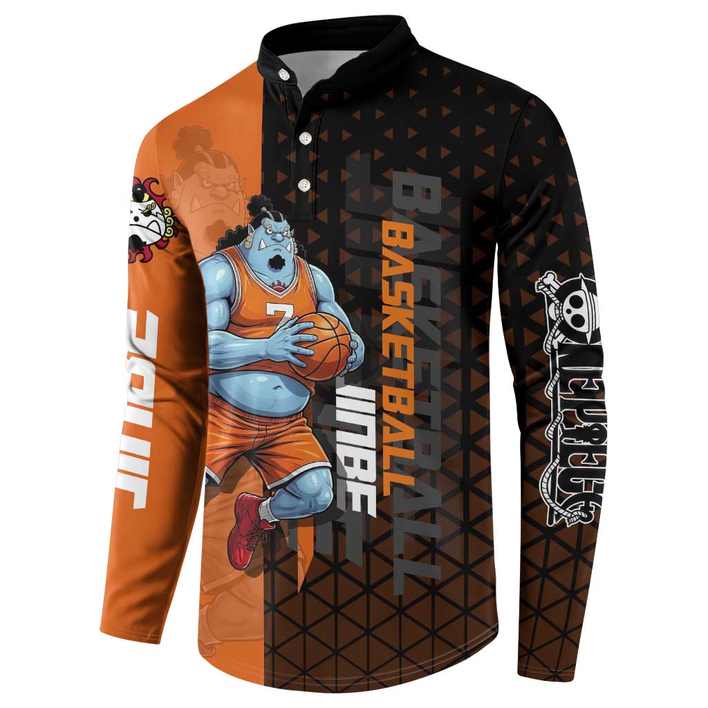 Jinbe One Piece Basketball Theme Orange and Black Design Button Sweatshirt with Powerful Pose and Sun Pirates Emblem - The Mazicc