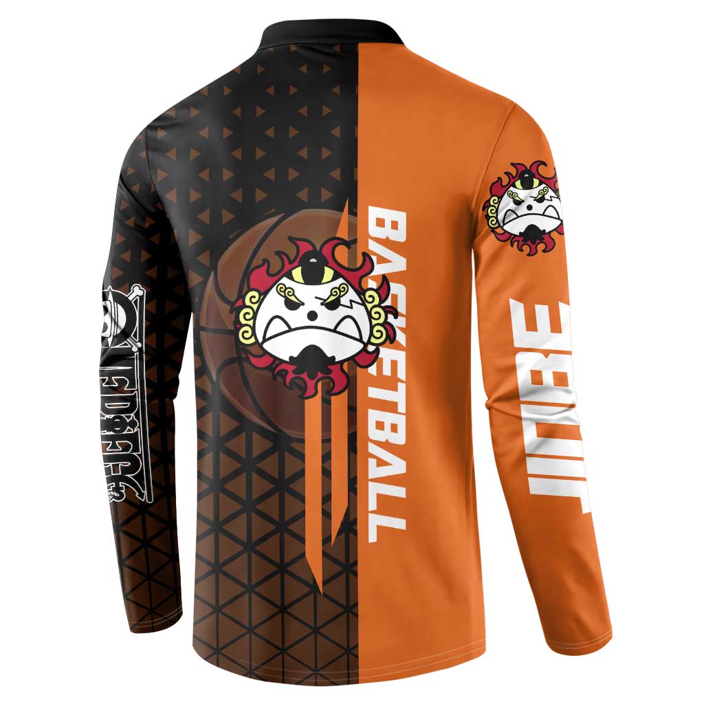 Jinbe One Piece Basketball Theme Orange and Black Design Button Sweatshirt with Powerful Pose and Sun Pirates Emblem - The Mazicc