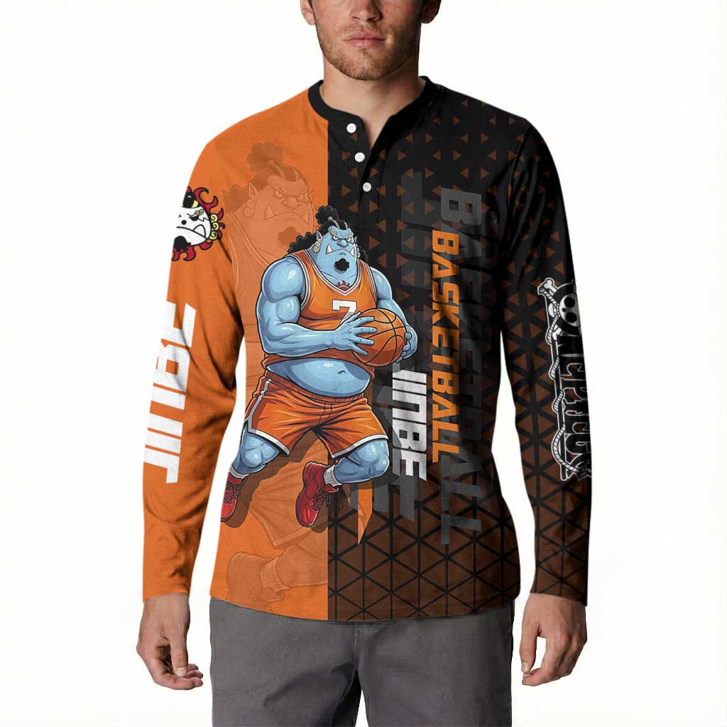 Jinbe One Piece Basketball Theme Orange and Black Design Button Sweatshirt with Powerful Pose and Sun Pirates Emblem - The Mazicc