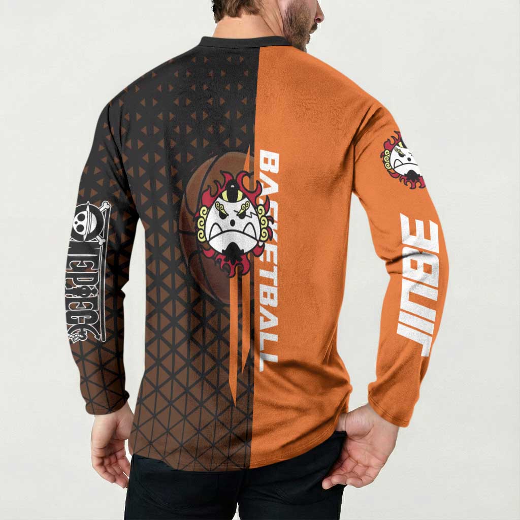 Jinbe One Piece Basketball Theme Orange and Black Design Button Sweatshirt with Powerful Pose and Sun Pirates Emblem - The Mazicc