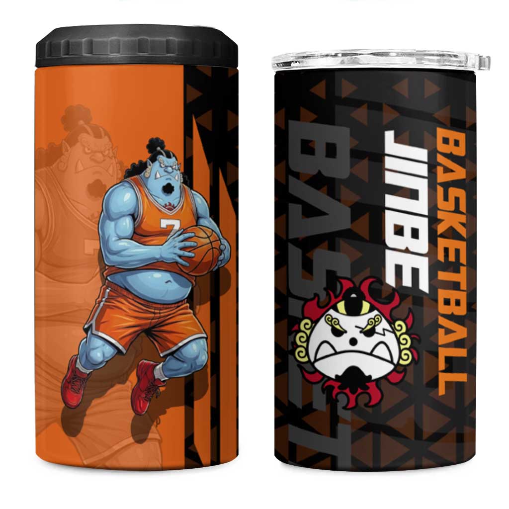 Jinbe One Piece Basketball Theme Orange and Black Design 4 in 1 Can Cooler Tumbler with Powerful Pose and Sun Pirates Emblem - The Mazicc
