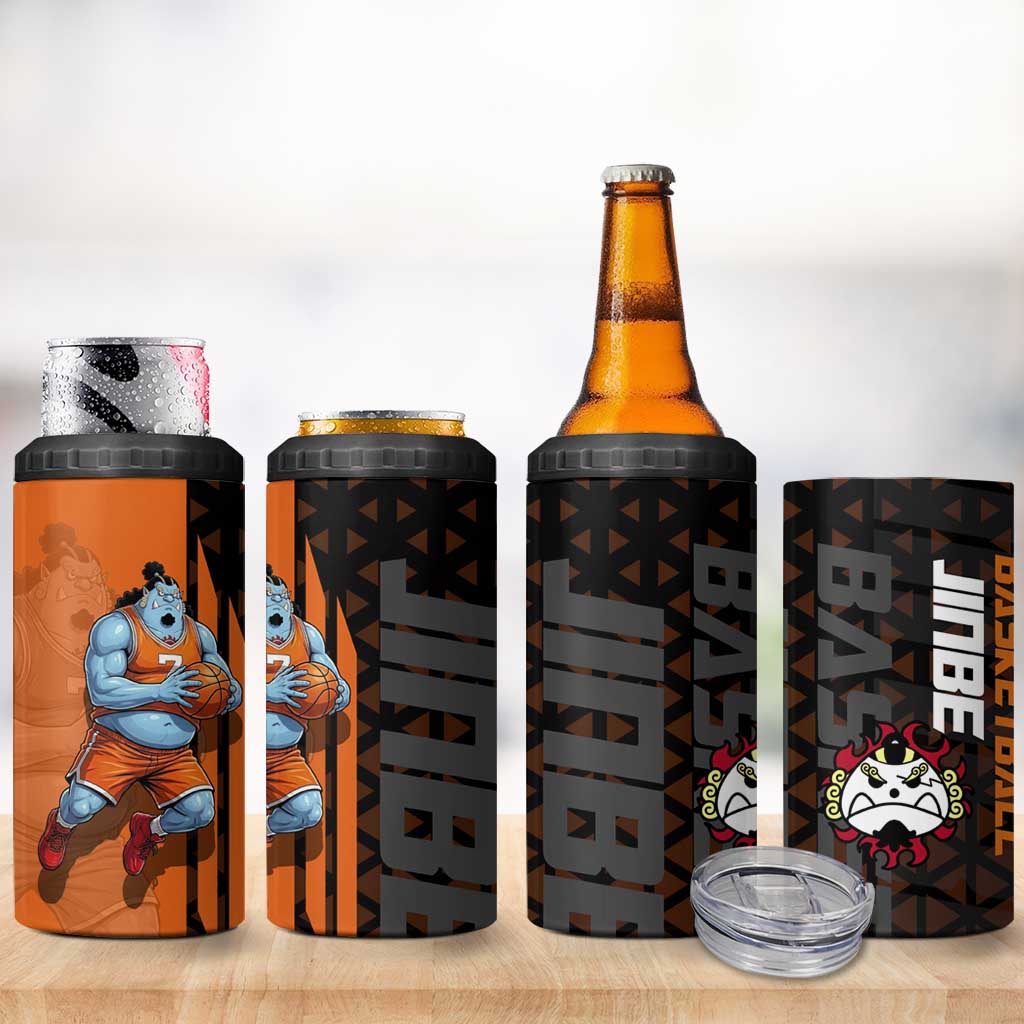 Jinbe One Piece Basketball Theme Orange and Black Design 4 in 1 Can Cooler Tumbler with Powerful Pose and Sun Pirates Emblem - The Mazicc