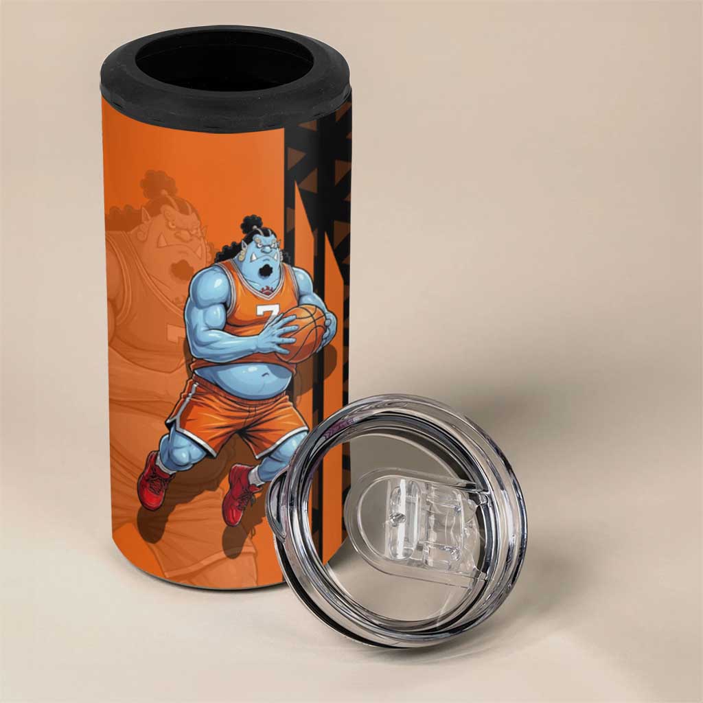 Jinbe One Piece Basketball Theme Orange and Black Design 4 in 1 Can Cooler Tumbler with Powerful Pose and Sun Pirates Emblem - The Mazicc