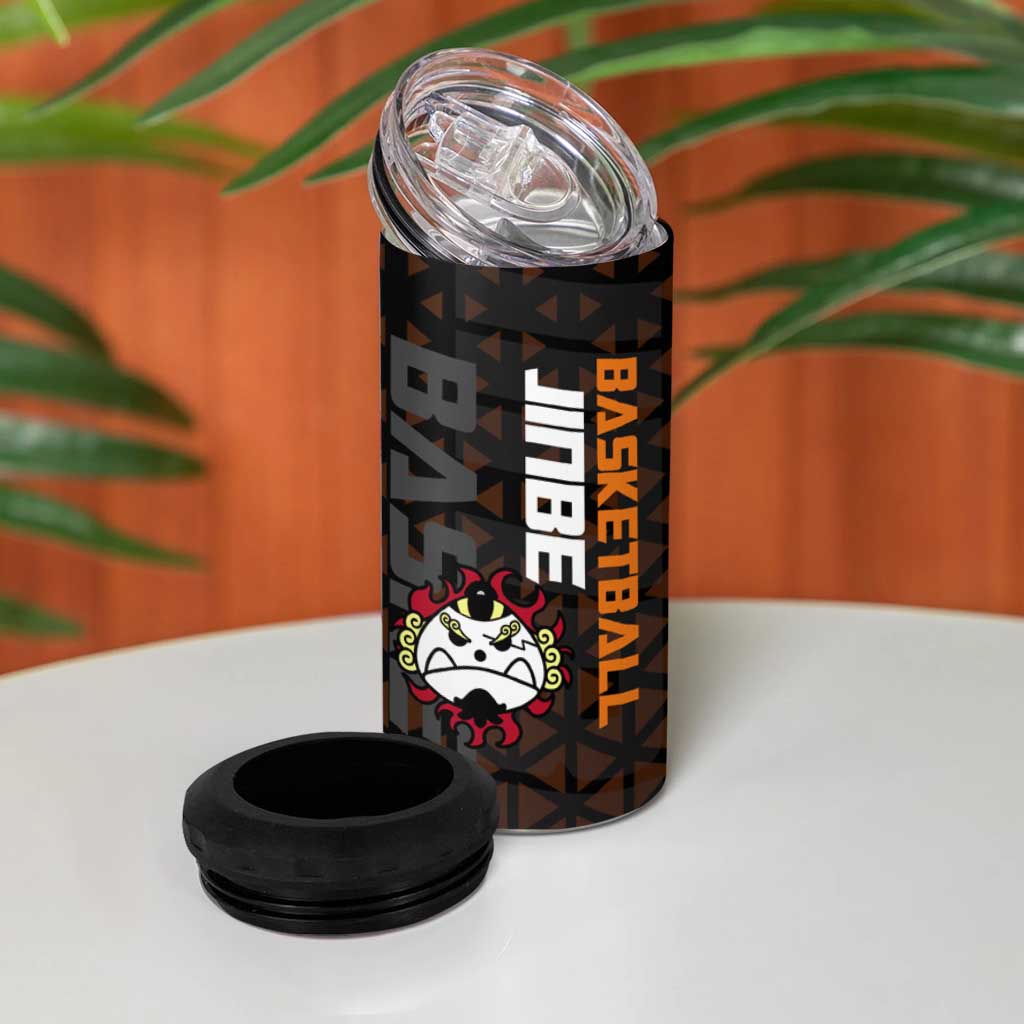 Jinbe One Piece Basketball Theme Orange and Black Design 4 in 1 Can Cooler Tumbler with Powerful Pose and Sun Pirates Emblem - The Mazicc