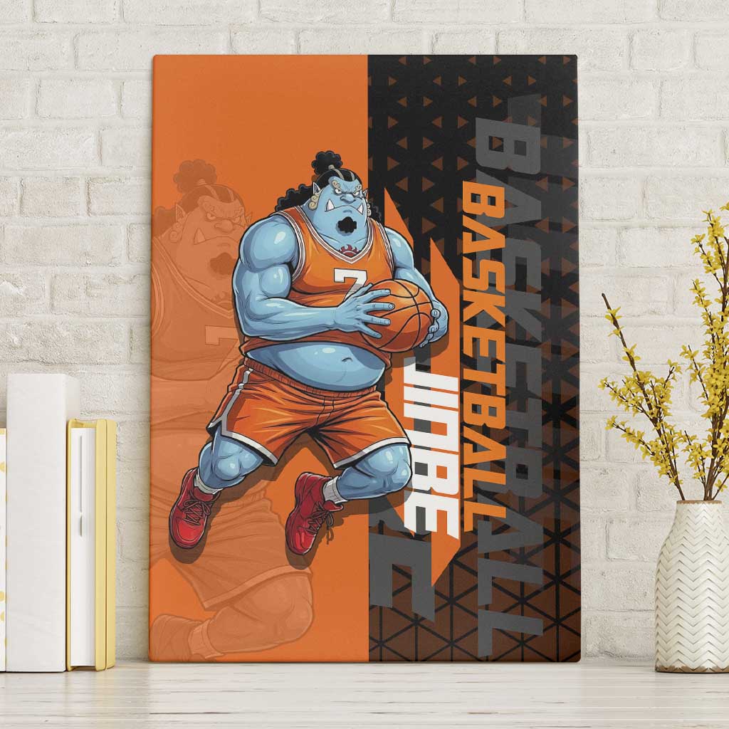 Jinbe One Piece Basketball Theme Orange and Black Design Canvas Wall Art with Powerful Pose and Sun Pirates Emblem - The Mazicc