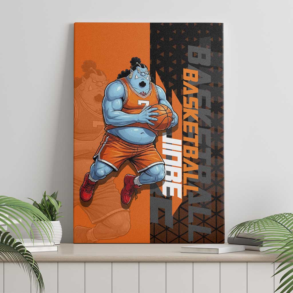 Jinbe One Piece Basketball Theme Orange and Black Design Canvas Wall Art with Powerful Pose and Sun Pirates Emblem - The Mazicc