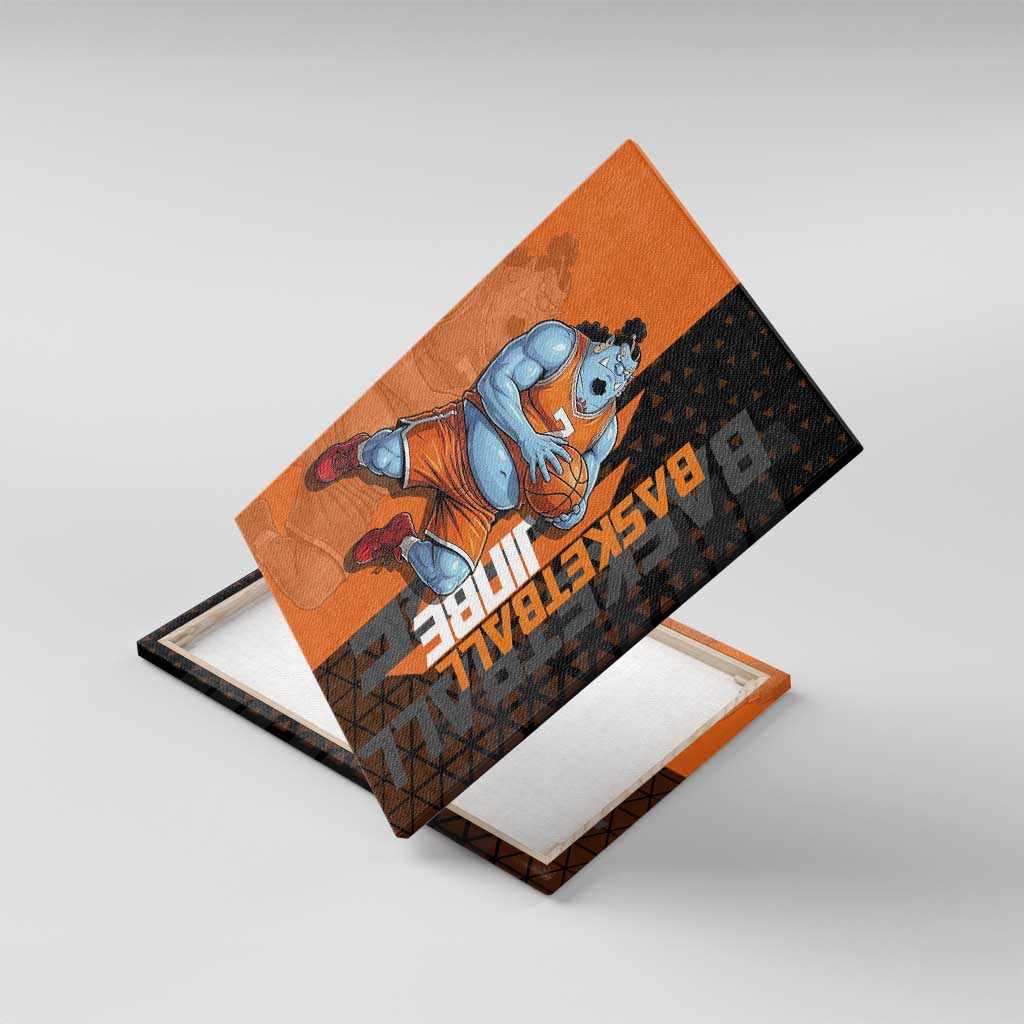 Jinbe One Piece Basketball Theme Orange and Black Design Canvas Wall Art with Powerful Pose and Sun Pirates Emblem - The Mazicc