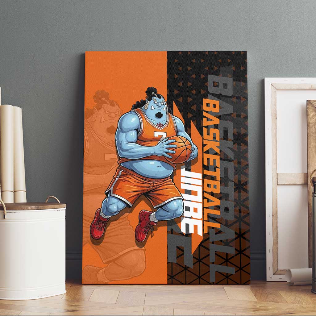 Jinbe One Piece Basketball Theme Orange and Black Design Canvas Wall Art with Powerful Pose and Sun Pirates Emblem - The Mazicc