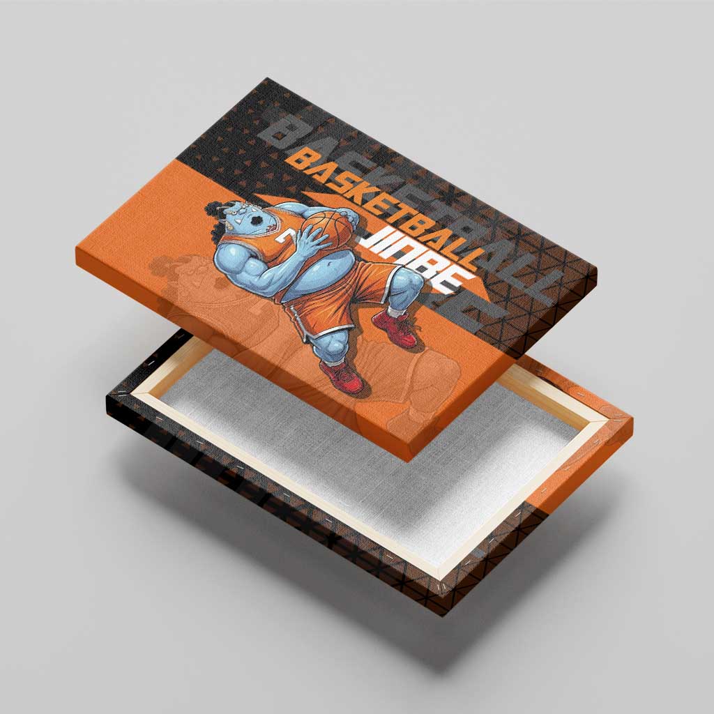 Jinbe One Piece Basketball Theme Orange and Black Design Canvas Wall Art with Powerful Pose and Sun Pirates Emblem - The Mazicc