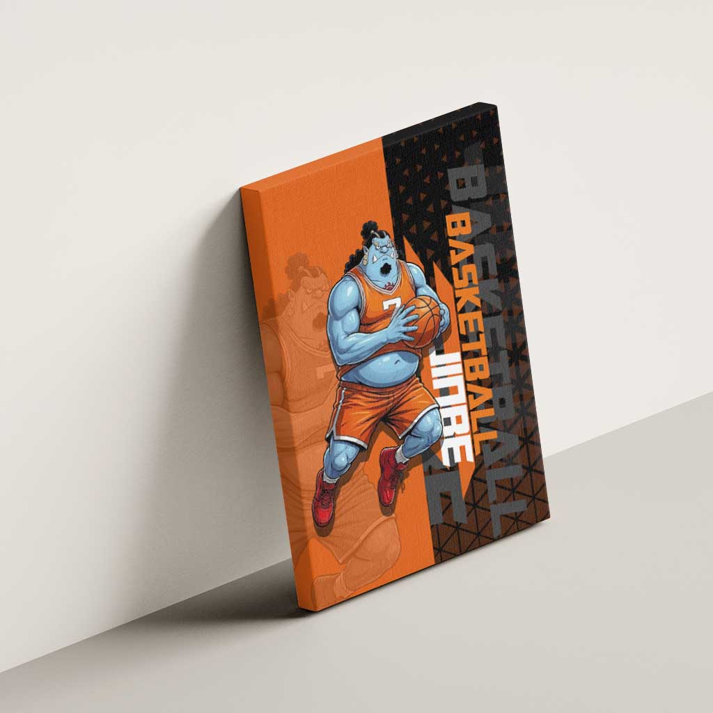 Jinbe One Piece Basketball Theme Orange and Black Design Canvas Wall Art with Powerful Pose and Sun Pirates Emblem - The Mazicc
