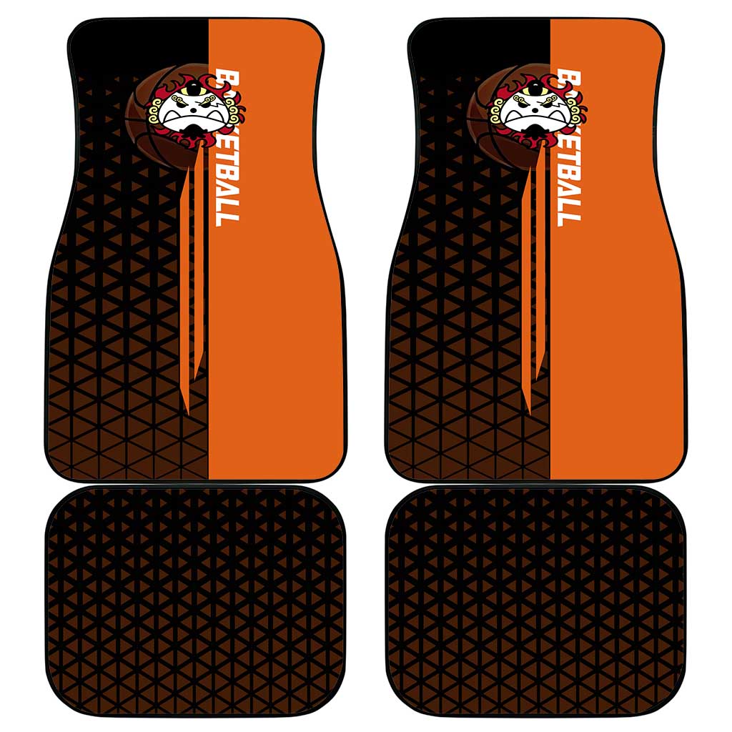 Jinbe One Piece Basketball Theme Orange and Black Design Car Mats with Powerful Pose and Sun Pirates Emblem - The Mazicc