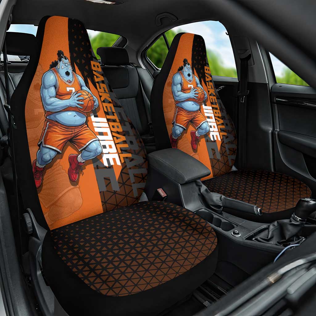Jinbe One Piece Basketball Theme Orange and Black Design Car Seat Cover with Powerful Pose and Sun Pirates Emblem - The Mazicc