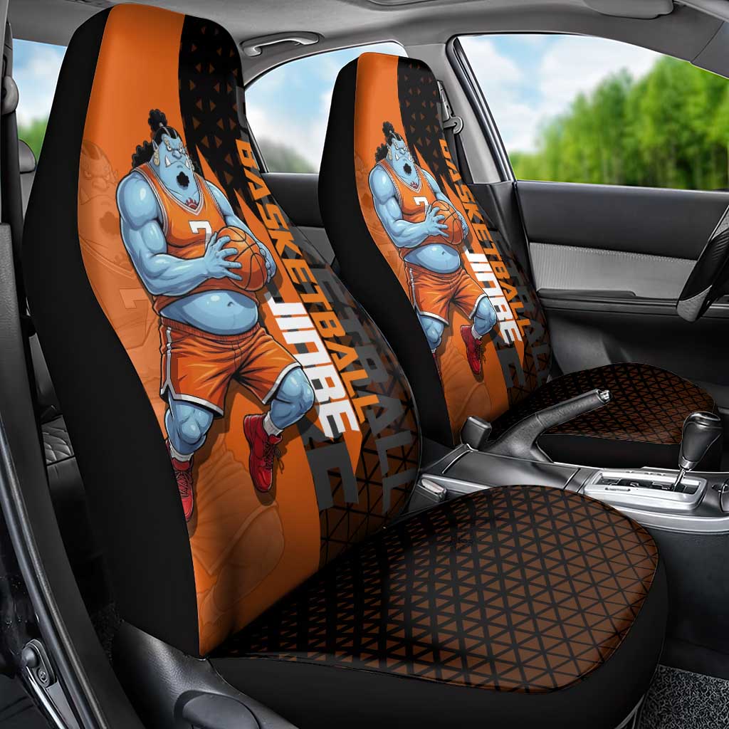 Jinbe One Piece Basketball Theme Orange and Black Design Car Seat Cover with Powerful Pose and Sun Pirates Emblem - The Mazicc