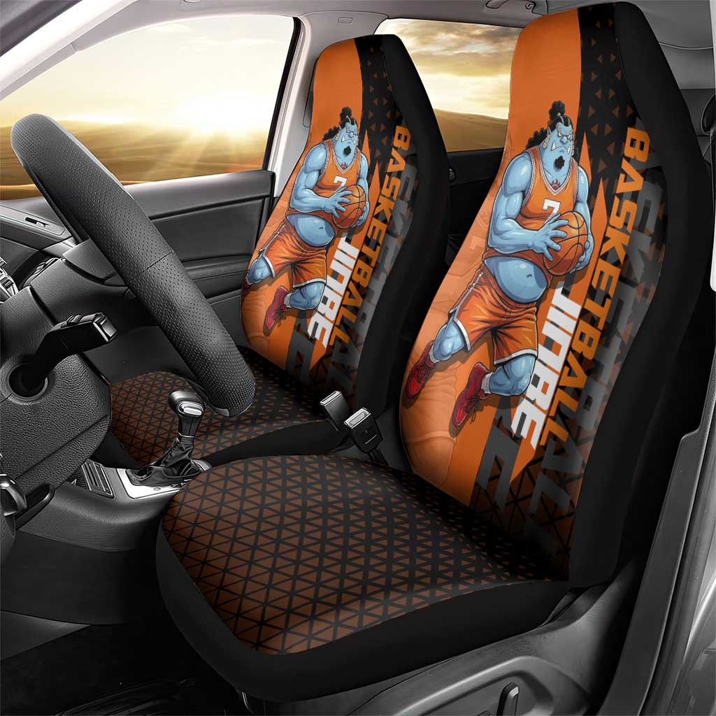 Jinbe One Piece Basketball Theme Orange and Black Design Car Seat Cover with Powerful Pose and Sun Pirates Emblem - The Mazicc