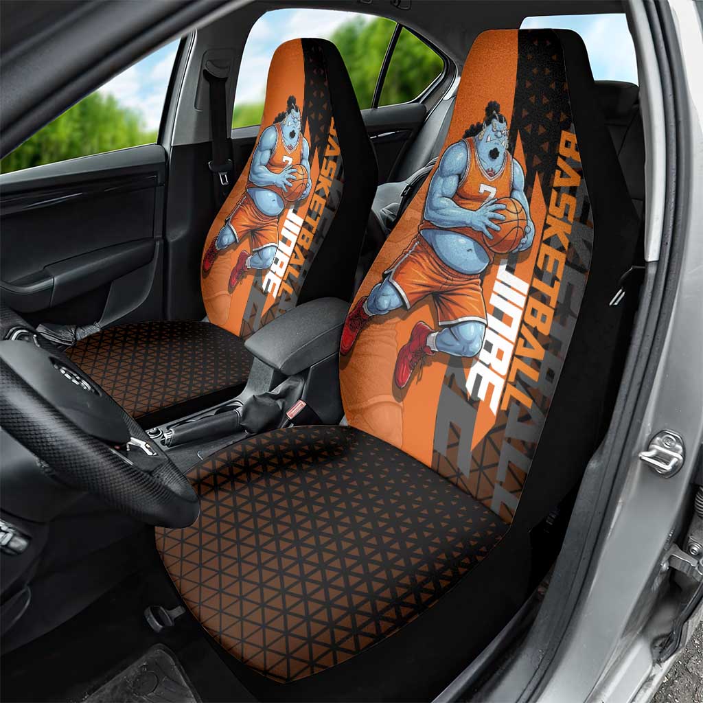 Jinbe One Piece Basketball Theme Orange and Black Design Car Seat Cover with Powerful Pose and Sun Pirates Emblem - The Mazicc