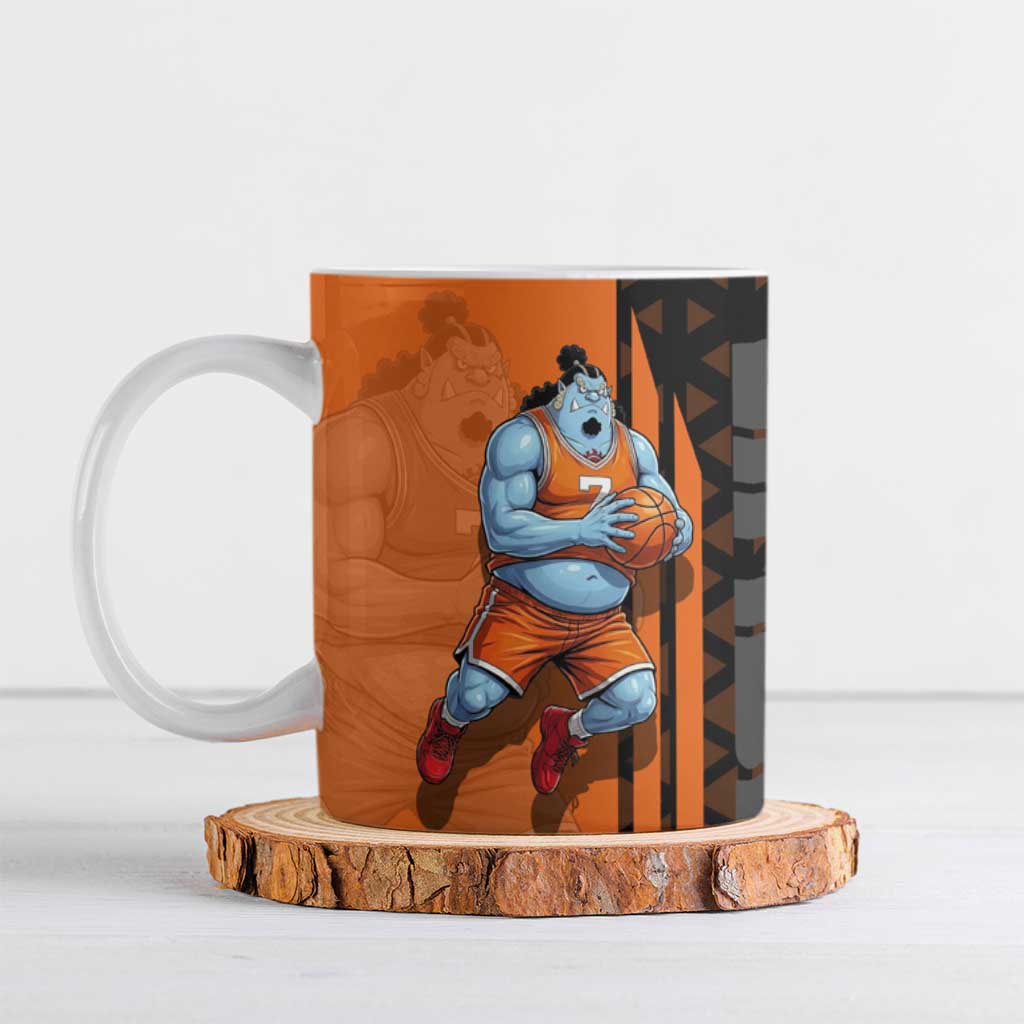 Jinbe One Piece Basketball Theme Orange and Black Design Ceramic Mug with Powerful Pose and Sun Pirates Emblem - The Mazicc