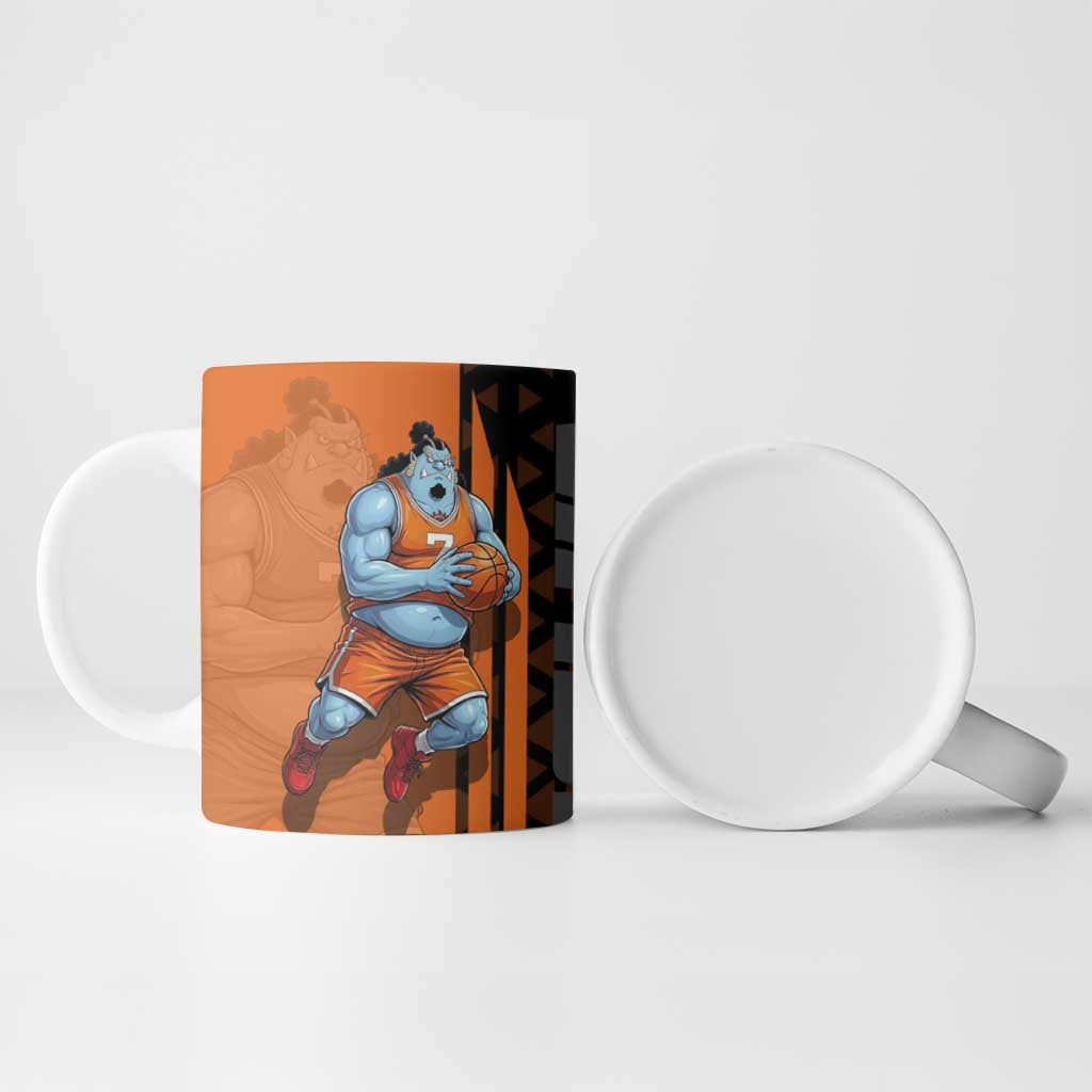 Jinbe One Piece Basketball Theme Orange and Black Design Ceramic Mug with Powerful Pose and Sun Pirates Emblem - The Mazicc