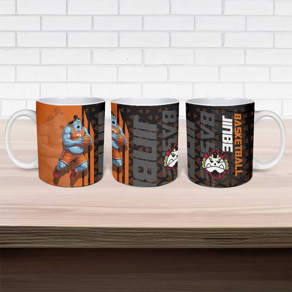 Jinbe One Piece Basketball Theme Orange and Black Design Ceramic Mug with Powerful Pose and Sun Pirates Emblem - The Mazicc