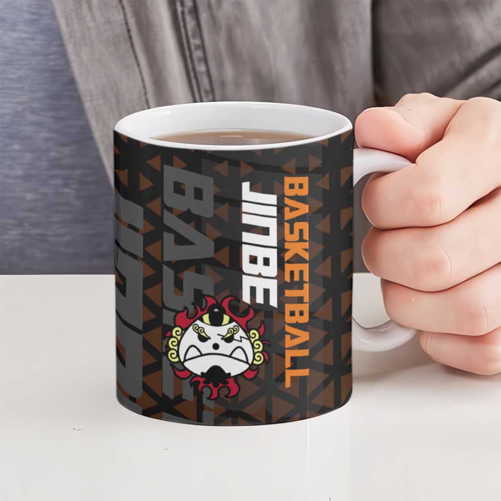 Jinbe One Piece Basketball Theme Orange and Black Design Ceramic Mug with Powerful Pose and Sun Pirates Emblem - The Mazicc
